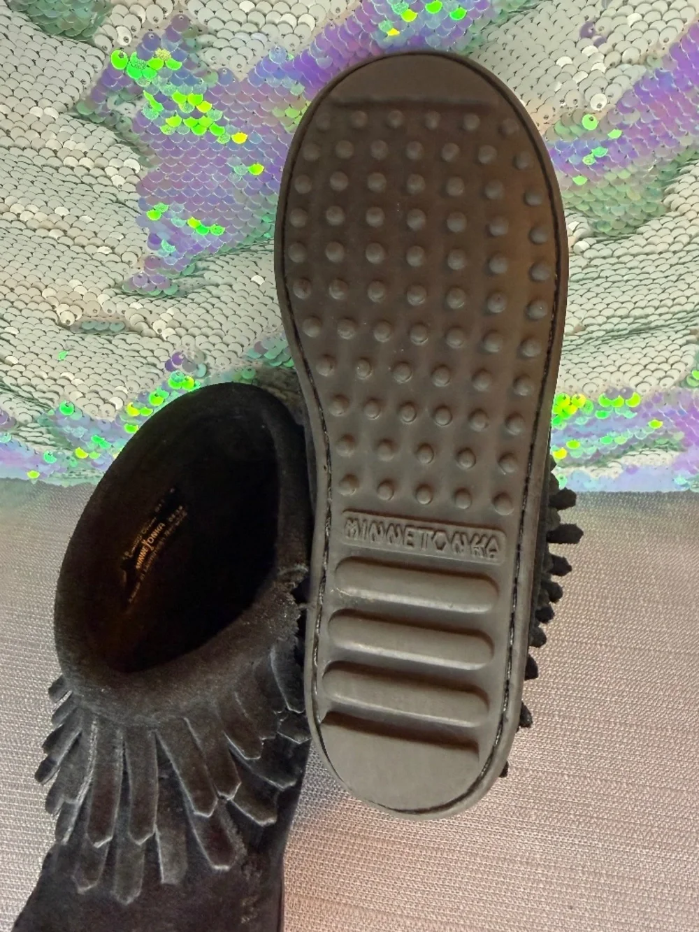 Minnetonka Black Double Fringe Side Zip Boot (Little Girls Size 13)